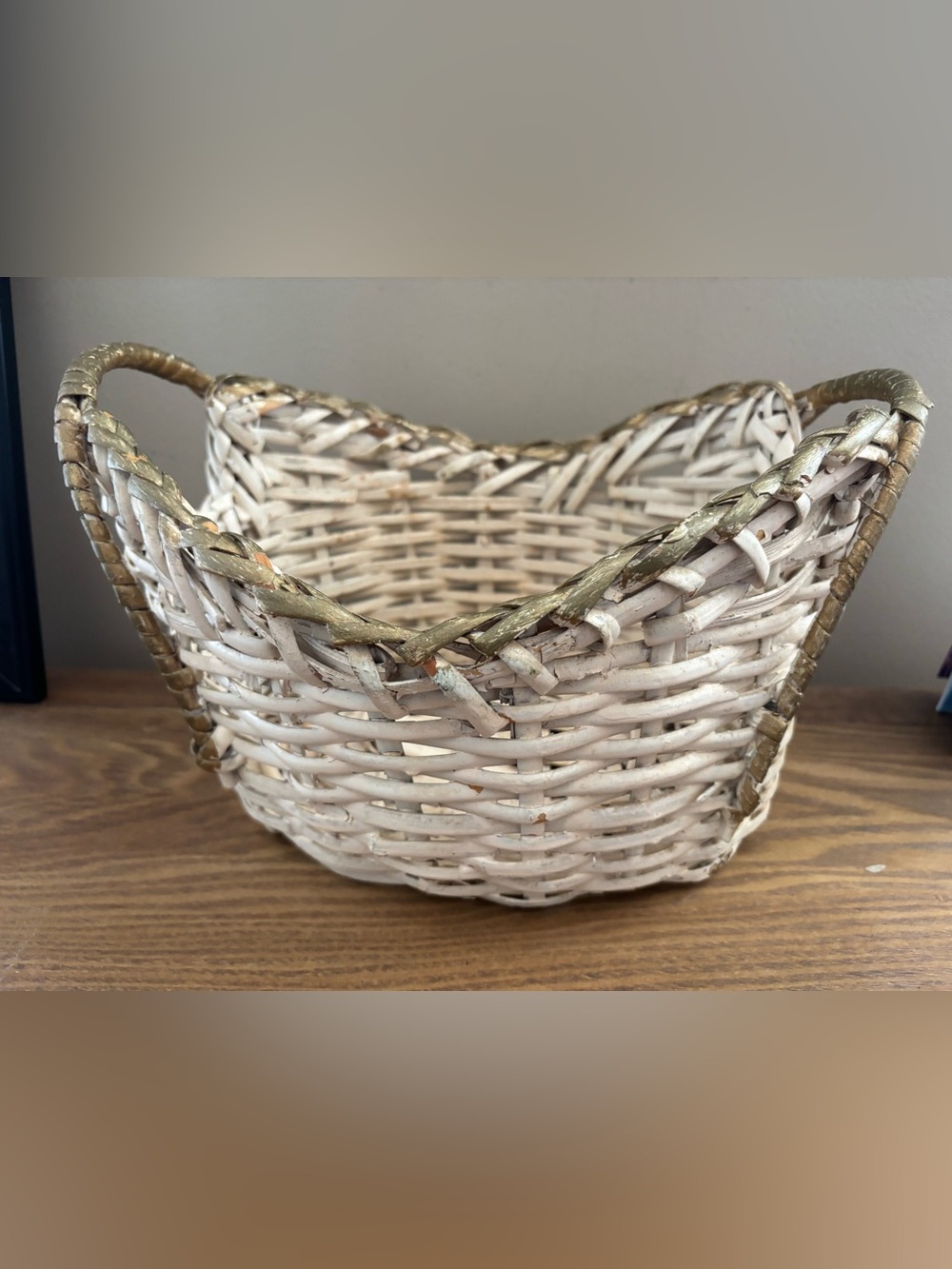 Vintage Handwoven Oval White Basket Gold Trim 12”x9”